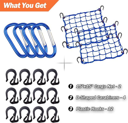 Cargo Net 15"x15" Stretches to 30"x30" with Thicken Hooks | Natural Latex Core, Tight 2”x2” Mesh Small Heavy Duty Bungee Net for Motorcycle Helmet, Bike, ATV, UTV, Luggage (Blue, 2 Pack)