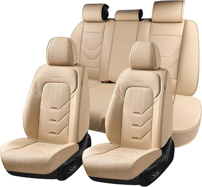 Coverado Car Seat Cover Full Set, Front and Rear Seat Cover for Car, Leather Car Seat Protector, Beige Universal Seat Covers, Waterproof Car Seat Cushion, Automotive Seat Covers Fit for Most Vehicles