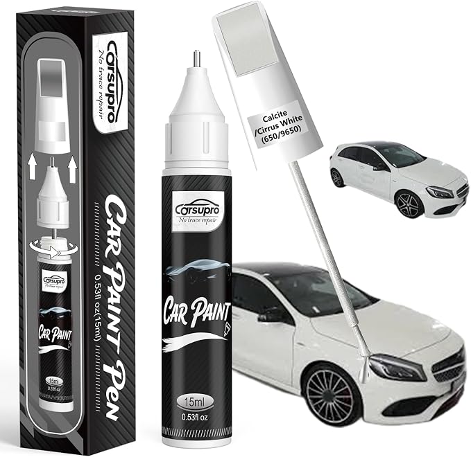 Calcite / Cirrus White(650/9650) for Mercedes Benz Touch Up Paint Pen, 2 in 1 Car Scratch Remover with Pen Tip and Brush, Precise Color Match for Car Paint Scratch Repair, Quickly and Easily Fix Chips and Nicks