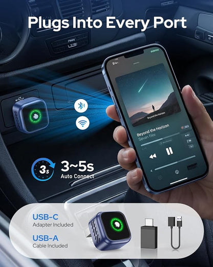 2-in-1 Wireless CarPlay & Android Auto Wireless Adapter, One-Click Switch for Apple iPhone and Android, Converts Wired to Wireless, Plug and Play for USB/USB-C, Compatible with 1000+ Vehicles