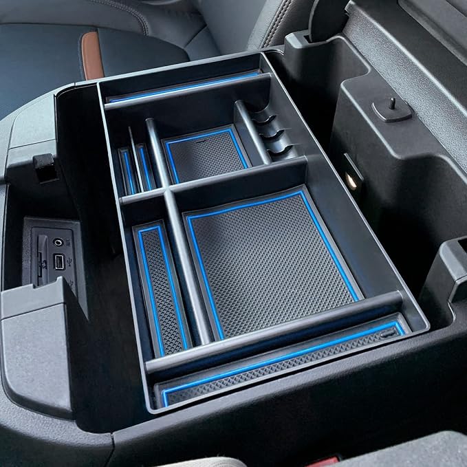PIMCAR Center Console Organizer Compatible with 2019-2022 Chevy Silverado 1500/GMC Sierra 1500 & 2020-2023 Chevy Silverado/GMC Sierra 2500 HD/3500 HD (Full Console w/Bucket Seats ONLY) Blue Trim