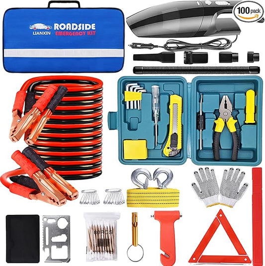 Emergency Roadside Kit with Jumper Cables Kit for Car, Safety Car Kits | Car Emergency Kit High Power Handheld Vacuum, Warning Triangle, Safety Hammer, Tow Rope, Gifts for New Drivers