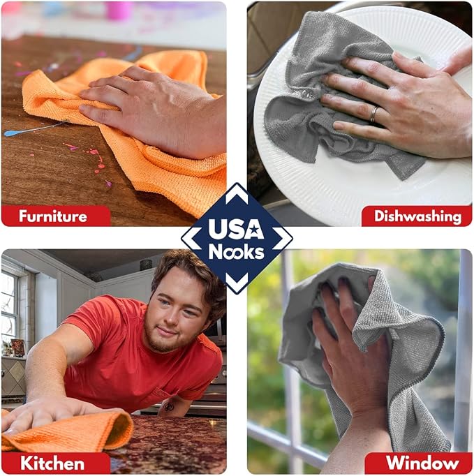 USANOOKS Microfiber Cleaning Cloth - 8 Pcs 12"x11" - High Performance - 1200 Washes, Ultra Absorbent Towels Weave Grime & Liquid for Streak-Free Mirror (Pack of 8)