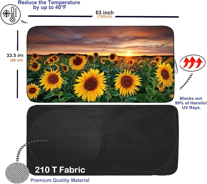 Gven Sun Shade for Car Windshield, Foldable Sunflower Vehicle Sun Visor for Car Windshield Sun Shade Heat Reduction Blocks UV Rays Fits Small Sedans, Mini SUVs, Hatchbacks (Sunflower, L)
