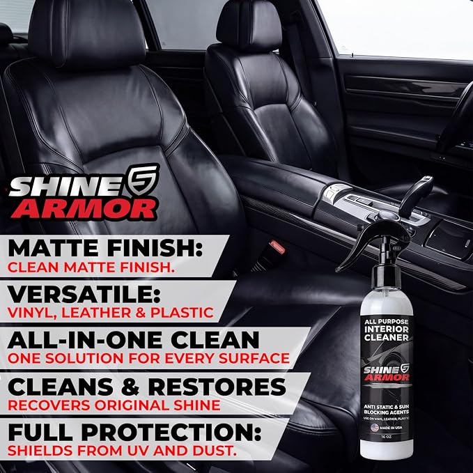 SHINE ARMOR Car Interior Cleaner & Protectant - Interior Detailer Spray with UV Defense, Streak-Free Car Cleaning Spray for Dashboard, Leather, Vinyl, Plastic & Rubber - Trucks, SUVs & RVs - 16 fl oz