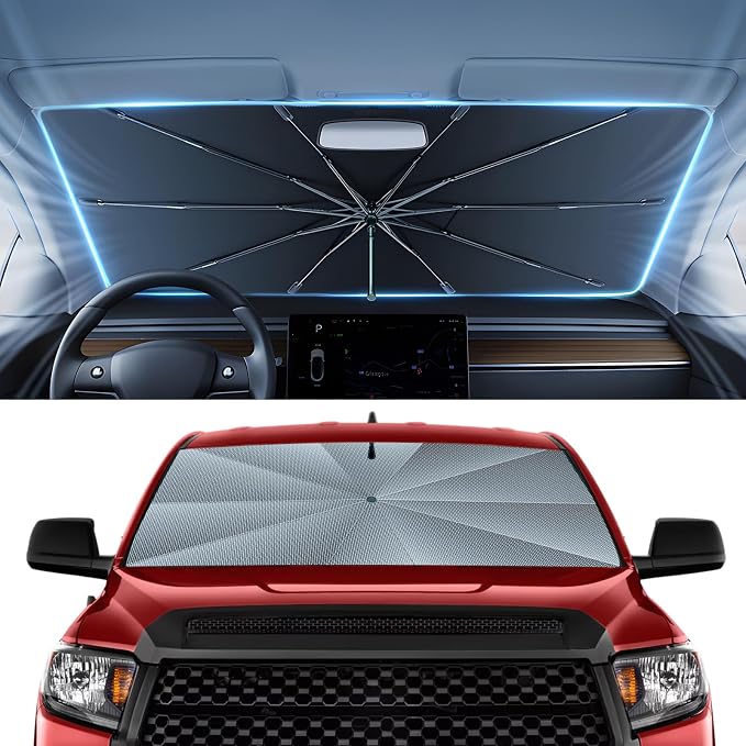 Autorder Windshield Sun Shade Umbrella for 2007-2025 2026 Toyota Tundra Accessories,Upgraded Ice Crystal Material,Easy Setup Umbrella Sunshade for Car Windshield,100% Sun Blocking