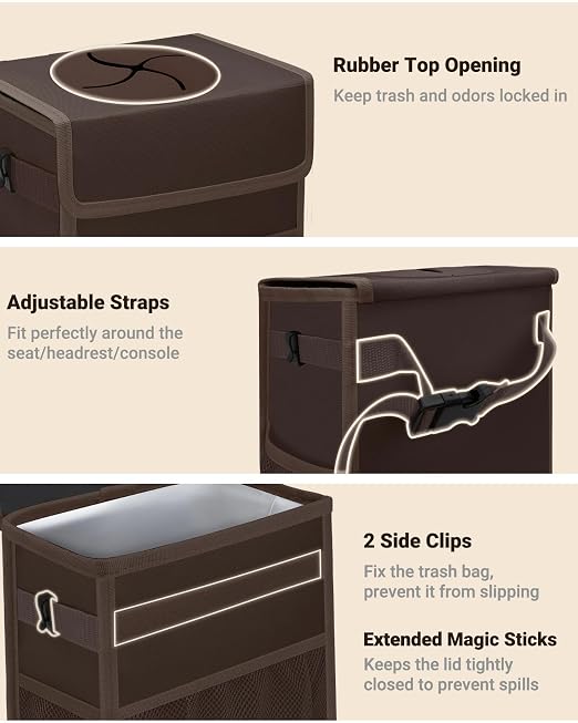 Capolo Car Trash Can with Lid, Leakproof Car Trash Bag Hanging Waterproof Automotive Garbage Can with Storage Pockets Mini Vehicle Trash Bin for Back/Front Seat(Brown,3 Gallon)