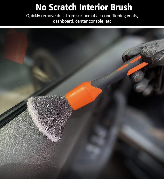 YeewayVeh 3pcs Car Detailing Brush Set, Boars Hair Detailing Brushes, Ultra Soft Detail Brush for Air Vent Leather Seat, Scratch Free Car Detailing Brushes for Interior Exterior, Orange