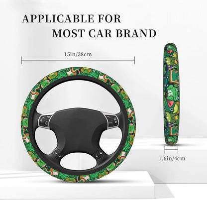 Green Frog Steering Wheel Cover for Women,Universal Auto Steering Wheel 14-15 Inch Car Interior Accessories with 2PCS Car Coasters,Suitable for Men and Women