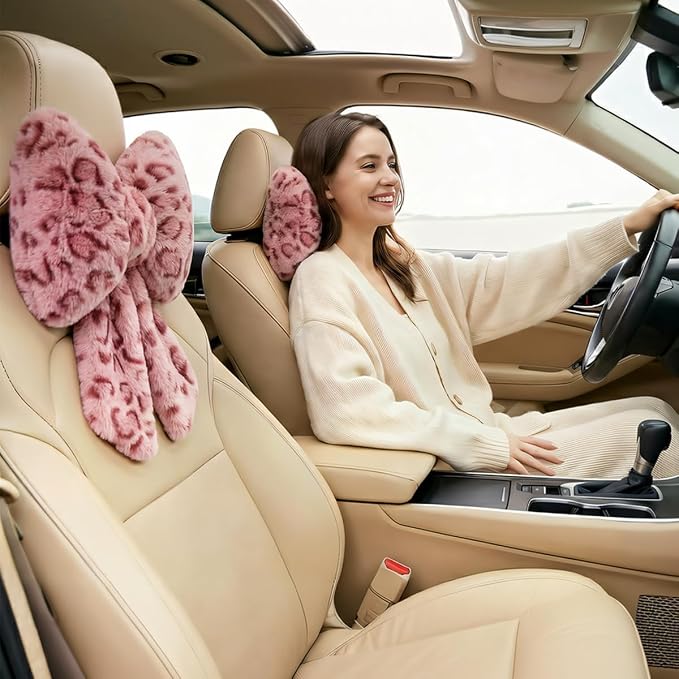 Sexysamba 2 Pcs Plush Bow Car Headrest Neck Pillow Cute Bow Pillow for Car Seat Décor Soft Neck Support for Comfortable Driving Traveling Office Fluffy Head Rest Cushion, Pink Leopard Print
