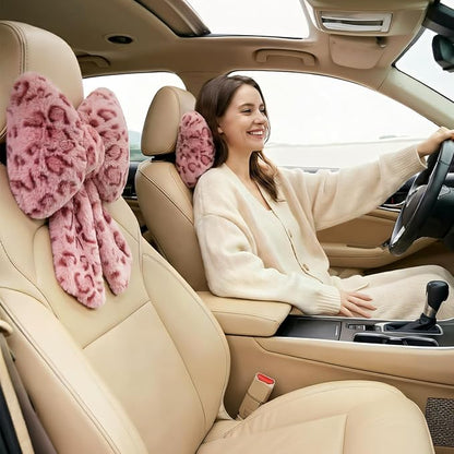 Sexysamba 2 Pcs Plush Bow Car Headrest Neck Pillow Cute Bow Pillow for Car Seat Décor Soft Neck Support for Comfortable Driving Traveling Office Fluffy Head Rest Cushion, Pink Leopard Print