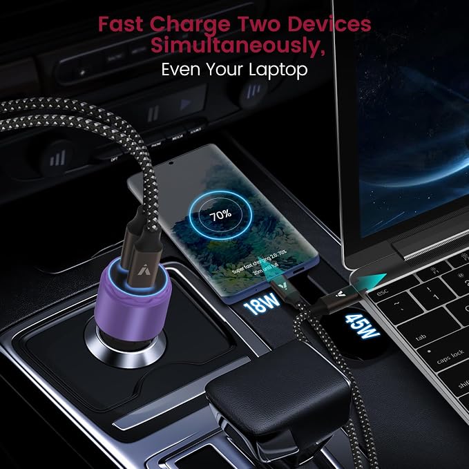 VELOGK Super Fast Type C Car Charger [73W Turbo], Fast Adaptive 55W 45W PPS/PD&QC3.0 USB C Car Adapter[Super Fast Charging 2.0]for Samsung S26/S25 Ultra/S24 Ultra/S23 Ultra/S22+/S21, iPad Pro(Purple)