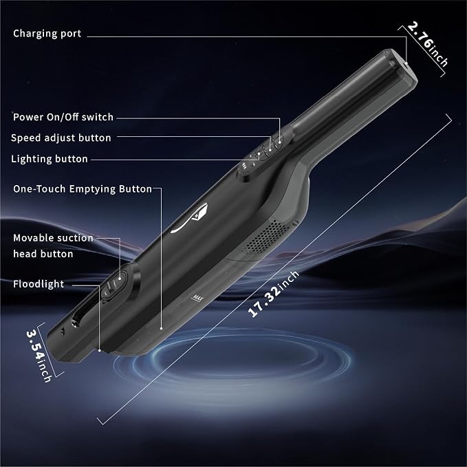 Cordless Handheld Vacuum, Lightweight Portable Hand Vacuum Cleaner with LED Light,Rechargeable Hand Held Vacuum with One-Touch Empty, Powerful Suction for Office, Home,Car, Inky