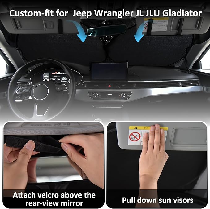 Sunshade Sun Shade for 2018-2024 2025 Jeep Wrangler JL JLu JK JKU Windshield Cover Custom Fit 2020-2025 2026 Jeep Gladiator Front Window Shields Protector 210T Reflective Blocks UV Rays Keep Cool