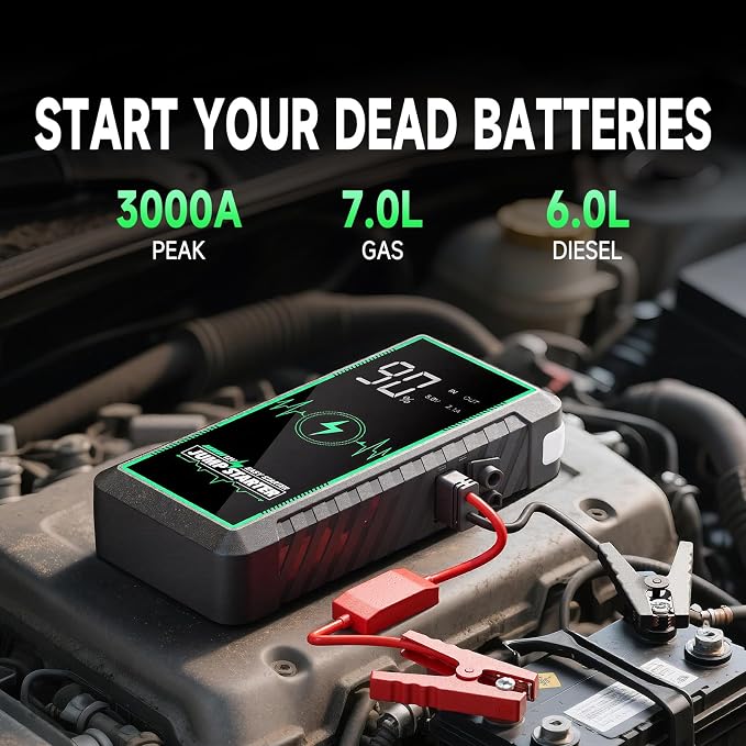 12V 3000A Car Battery Jump Starter, 12000mah Portable Jump Starter Box Jump Starter Battery Pack for Up to 7.0L Gas and 6.0T Diesel Engines with Safety Protection Function (3000A)
