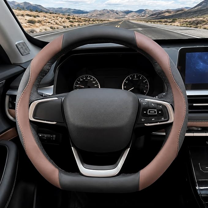 D Shaped Steering Wheel Cover, Flat Bottom Car Wheel Cover 14 1/2-15 inch (37-39 cm), Non-Folding Packaging, Microfiber Leather, Black and Chocolate Brown