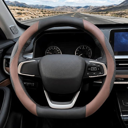 D Shaped Steering Wheel Cover, Flat Bottom Car Wheel Cover 14 1/2-15 inch (37-39 cm), Non-Folding Packaging, Microfiber Leather, Black and Chocolate Brown