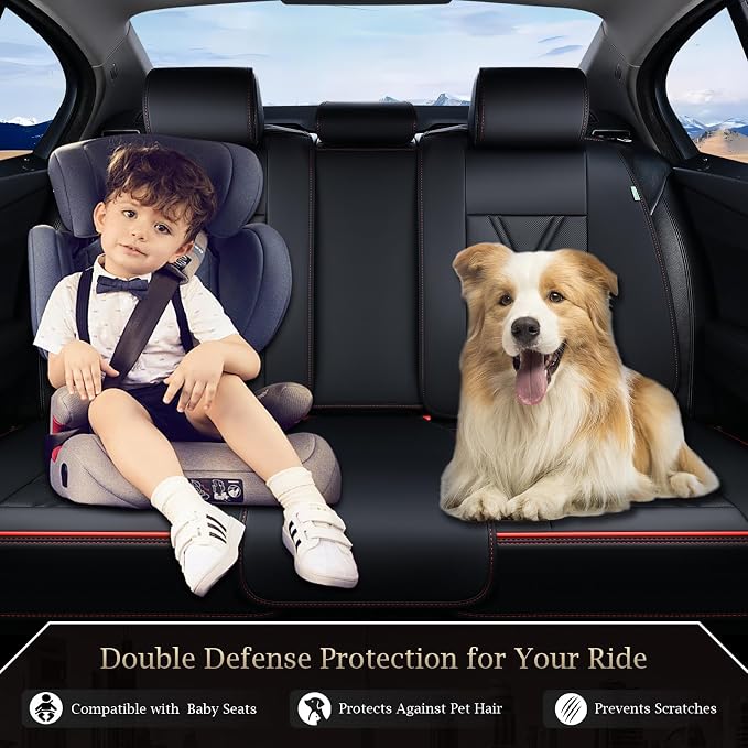 FLORICH Rear Seat Covers Leather Car Seat Covers Waterproof Back Seat Cover Automotive Seat Covers Universal Seat Cushion Protector for Most Cars Trucks SUV-Black&Red Line