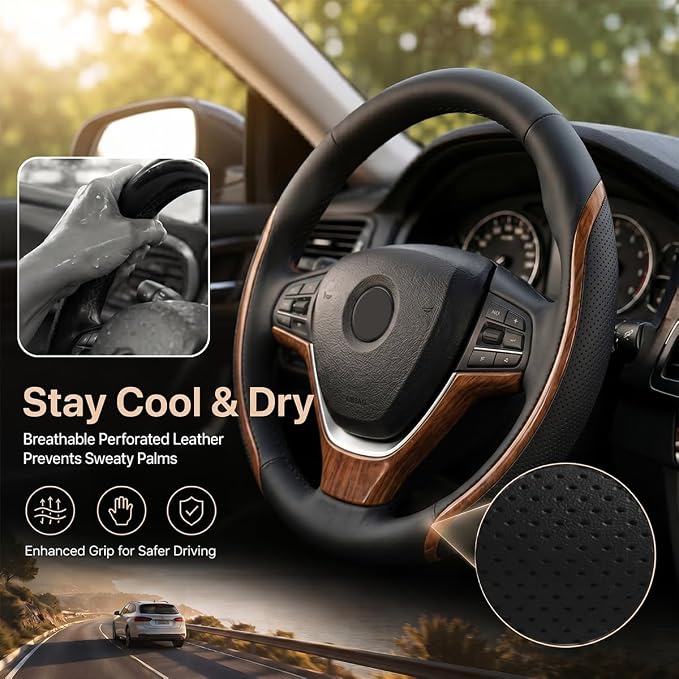 Steering Wheel Cover Black Wood Grain, Leather Car Steering Wheel Covers with Coasters Universal 14.5-15 inch Microfiber Breathable Anti-Slip Steering Wheel Accessories Set