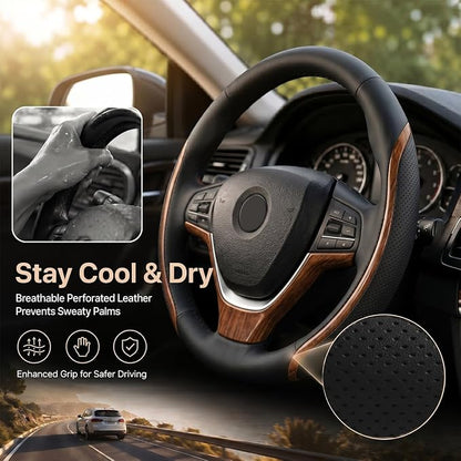 Steering Wheel Cover Black Wood Grain, Leather Car Steering Wheel Covers with Coasters Universal 14.5-15 inch Microfiber Breathable Anti-Slip Steering Wheel Accessories Set