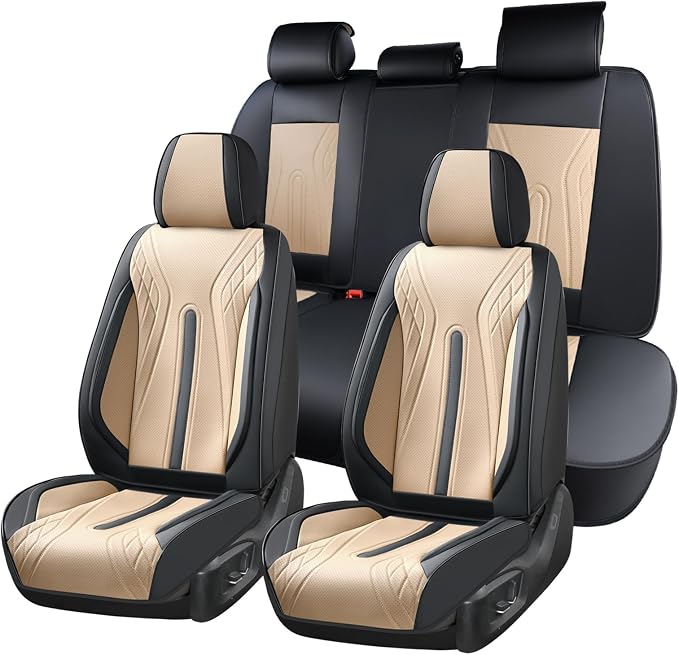 Huidasource Car Seat Covers Full Set, Universal Fit for Most Cars SUV Trucks, Full Coverage Nappa Leather Seat Cover, Airbag, Cupholder Compatible, Velcro Adjustable,Seat Function Retain, Black&Beige