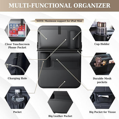 Coverado Car Backseat Organizer(2 Packs) with Tablet Tray, Nappa Leather Organizer for Car Seat Back, Waterproof Car Seat Organizer with Touch Screen, Seat Protector Kick Mats for Kids