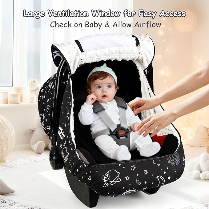 Winter Car Seat Cover Baby with Sunshade & Dual Zipper Windows - Minky Bubble Lined Windproof Soft Shell, Warm Newborn Car Seat Canopy Covers, Elastic Bottom for Stroller & Infant Car Seat, Space