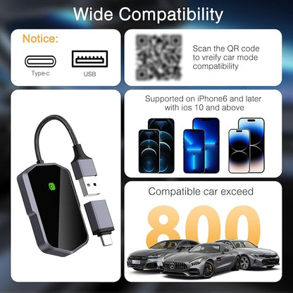 Wireless CarPlay Adapter for iPhone, Seamless Connection for Convert Wired to Wireless Car Play Adapter, Wireless Bluetooth Apple Car Play, Plug & Play for Cars from 2017 & iPhone iOS 10+