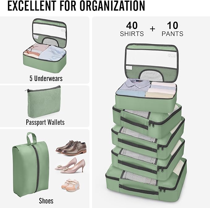 Veken 10 Set Packing Cubes for Travel Essentials,Anti-Wrinkle Buckled Suitcase Organizer for Shoe & Toiletry Bag,Carry On Luggage Bag with 99+ Count Mesh Holes for Airplane & College Dorm Accessories