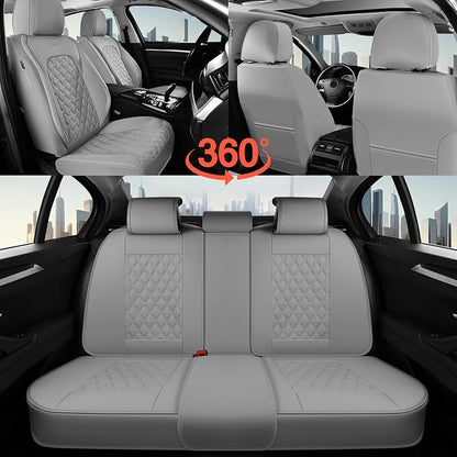 Coverado Full Set Car Seat Covers, Luxury Faux Leather Waterproof Seat Covers, Gray Car Seat Protectors, Universal Fit, Leather Seat Cushions for Cars-Gray