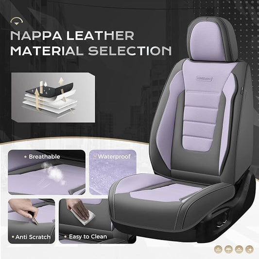 Coverado Car Seat Covers Front, Seat Covers for Cars, Waterproof 2-Pack Car Seat Cushions, Leather Carseat Seat Protectors, Universal Seat Covers Fit for Most Sedans SUV Pick-up Trucks(Gray&Purple)
