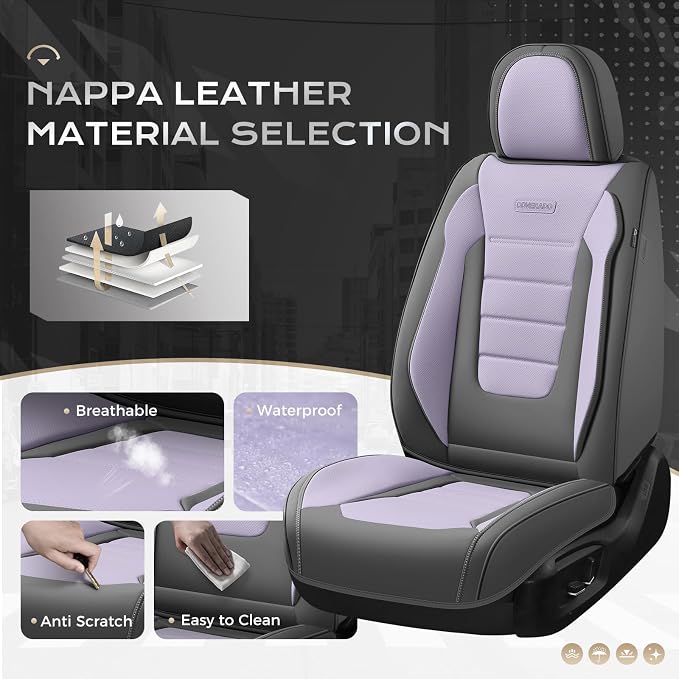 Coverado Car Seat Covers Full Set, Nappa Leather Seat Covers for Cars, Car Seat Protector Car Seat Cushion, Front and Back Seat Protectors Cushions Universal Fit for Most Cars Vehicles(Gray&Purple)
