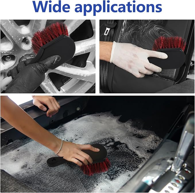 Hovom Car Wash Brush for Tire & Wheel Rim, Soft Bristle Wheel Cleaning Brushes, Short Handle Tire Cleaner Brush Releases Dirt and Road Grime, Universal Car Cleaning Supplies (Black+Red)