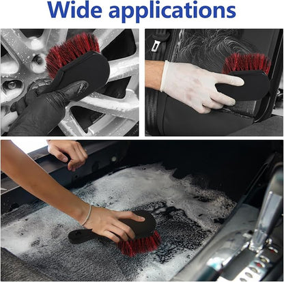 Hovom Car Wash Brush for Tire & Wheel Rim, Soft Bristle Wheel Cleaning Brushes, Short Handle Tire Cleaner Brush Releases Dirt and Road Grime, Universal Car Cleaning Supplies (Black+Red)