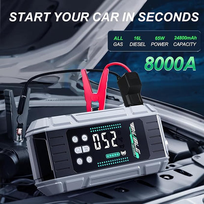 8000A Jump Starter with Air Inflator/Deflator Compressor, 65W Charging Car Battery Jump Starter (All Gas/16L Diesel), 24800mAh 150PSI Battery Jumper Starter Portable, Jump Box Jump Pack with LED Light