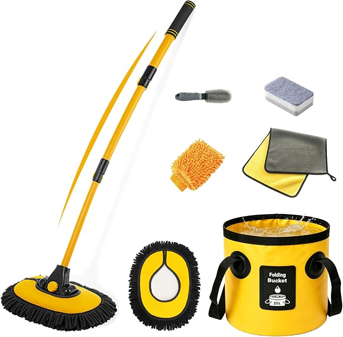 7-in-1 Car Wash Kit with 20L Collapsible Bucket, 15° Curved Mop with 40.5" Long Handle, 0.84mm Reinforced Aluminum Pole, Professional Car Cleaning Supplies for SUV, Trucks & RVs-Yellow.