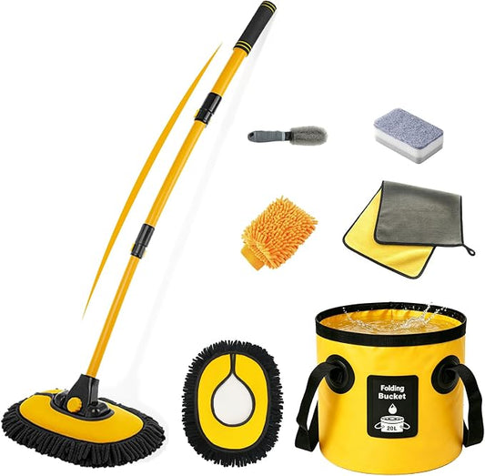 7-in-1 Car Wash Kit with 20L Collapsible Bucket, 15° Curved Mop with 40.5" Long Handle, 0.84mm Reinforced Aluminum Pole, Professional Car Cleaning Supplies for SUV, Trucks & RVs-Yellow.