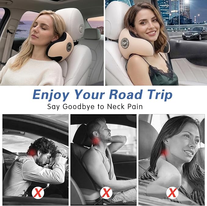 SPRFUFLY Unique U-Shaped Car Headrest Pillow, Car Neck Pillow for Sleeping with Adjustable Strap, Space Memory Foam & Removable Cover, Ergonomic Design - Extreme Comfort Car Pillow(Beige, 1P)