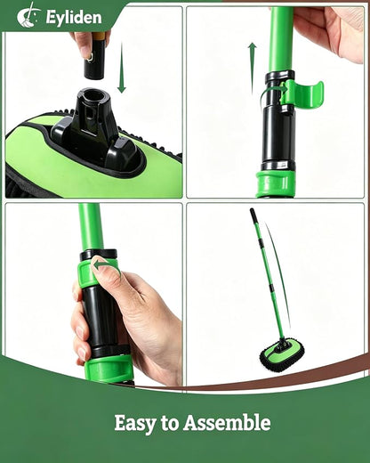 Eyliden Car Wash Brush Mop with Long Handle, 90° Swivel Head with 45° Angle Lock, 2 Scratch-Free Microfiber Heads, Car Detailing Kit for Car Truck RV, Green & Black