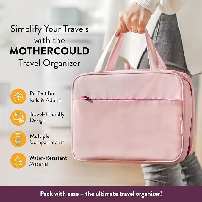 Kids Travel Organizer – Multi-Compartment, Water-Resistant Hanging Bag for Toys, Snacks, & Activities - Compact, Lightweight Design with Hook & Carry Handle - Perfect for Travel Use (Pink, Large)