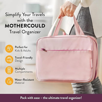 Kids Travel Organizer – Multi-Compartment, Water-Resistant Hanging Bag for Toys, Snacks, & Activities - Compact, Lightweight Design with Hook & Carry Handle - Perfect for Travel Use (Pink, Large)