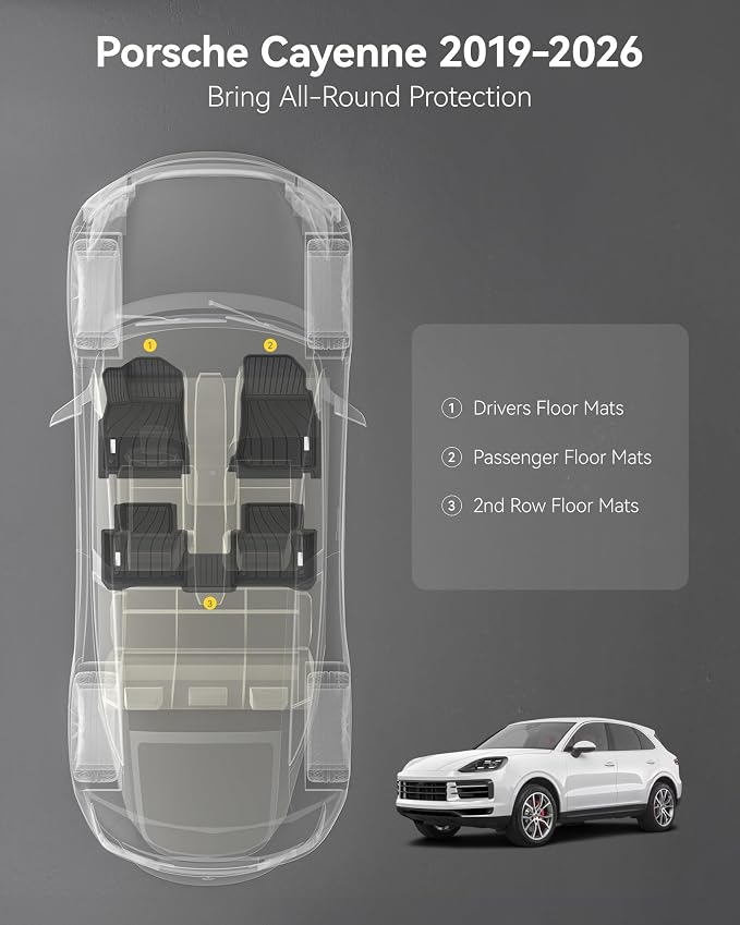3W Floor Mats Fit Porsche Cayenne 2019-2025 2026 (5 PCS), TPE All Weather Custom Fit Floor Liner for Porsche Cayenne 1st and 2nd Row 5 PCS Car Mats, Black