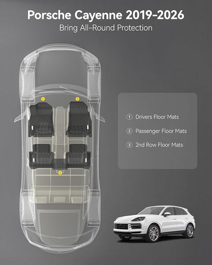 3W Floor Mats Fit Porsche Cayenne 2019-2025 2026 (5 PCS), TPE All Weather Custom Fit Floor Liner for Porsche Cayenne 1st and 2nd Row 5 PCS Car Mats, Black