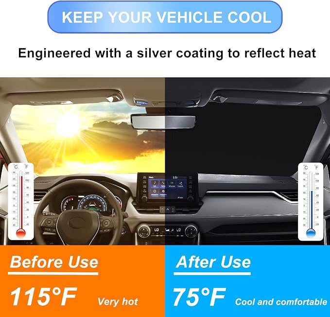 Windshield Sun Shade for Toyota RAV4 2019-2025 & RAV4 Prime 2021-2025, Foldable 310T Polyester UV Protection Window Shield Cover, Keep Car Interior Cool