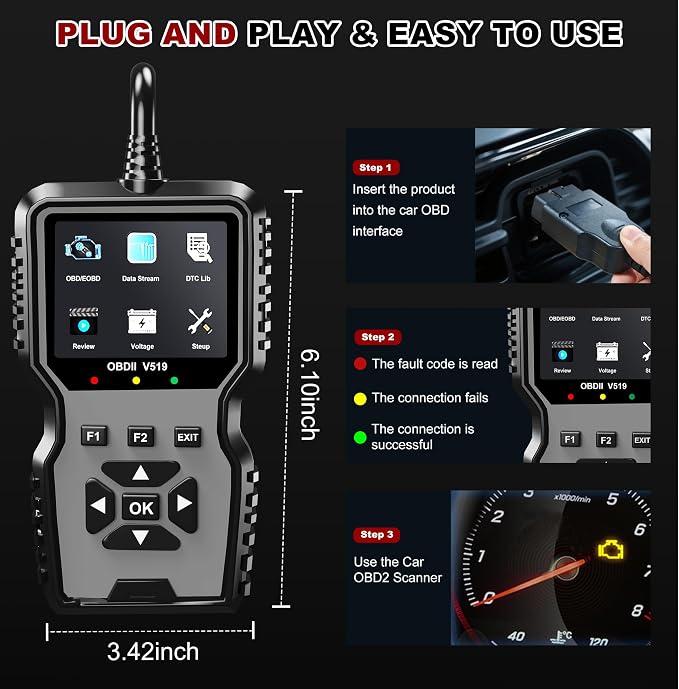 V519 OBD2 Diagnostic Scanner Tool - Vechicle Check Engine Light Code Reader with Battery Voltage Tester, I/M Readiness, Reset, and Code Eraser for All OBDII Car Since 1996 Grey