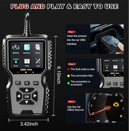 V519 OBD2 Diagnostic Scanner Tool - Vechicle Check Engine Light Code Reader with Battery Voltage Tester, I/M Readiness, Reset, and Code Eraser for All OBDII Car Since 1996 Grey