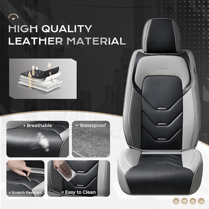 Coverado Car Seat Covers Full Set, Gray&Black Leather Seat Covers, Front and Back Seat Cover for Car, Waterproof Car Seat Protector, Car Seat Cushion Automotive Seat Covers Universal Fit for Most Cars