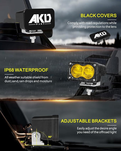 3" 40W Yellow Flood LED Pods with Wiring Harness & Black Covers | High Intensity CREE LEDs Yellow Fog Lights Small Chase Lights 2 Packs for Trucks Motorcycle SUV UTV ATV Dirt Bike