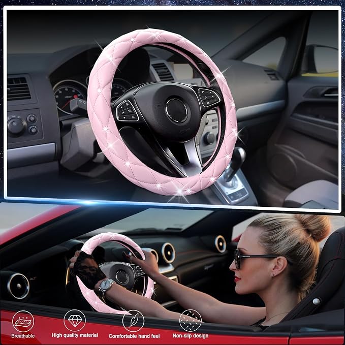 SuperKaKa Pink Steering Wheel Cover 2026, Auto Cute Diamond Bling Comfort Leather Girly Car Interior Accessories Protector Sparkly Automotive Decoration for Women Girl Coquette