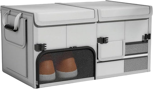 Foldable Car Trunk Organizer with Multi-Compartment – Expandable 30-60L Storage Bin, Side Mesh Pockets, Waterproof 600D Oxford Cloth, Car Accessories for SUV/Truck/Sedan, Grey, 23.6"x13.0"x11.8"